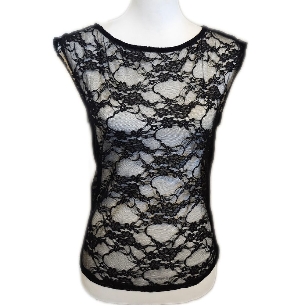 Gaze Stretch Cap Sleeve Sheer Lace Black Blouse, No Tag Fits Like A S/M